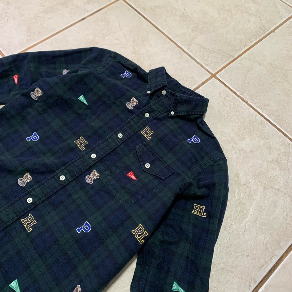 RALPH LAUREN Men's Shirt  Green Blue Tartan Plaid Bulldog Flag RL  Logos Print